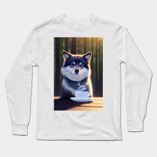 Finnish Lapphund Lappie with a mug cup of morning coffee Long Sleeve T-Shirt
